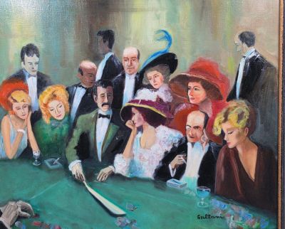 un tableau représentant un groupe de personnes assises autour d'une table de poker