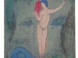 an image of a painting of a woman with a red hair standing on a surfboard