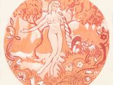 drawing of a nude woman in a garden with flowers and trees