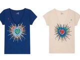 two women ' s t - shirts with a heart on the front and a heart on the back