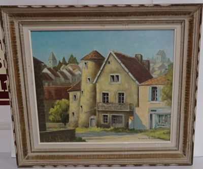 an oil painting of a house in a frame on a table