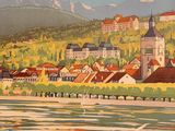 a painting of a town on the shore of a lake
