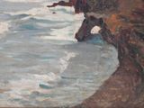 a painting of a man standing on the edge of a cliff