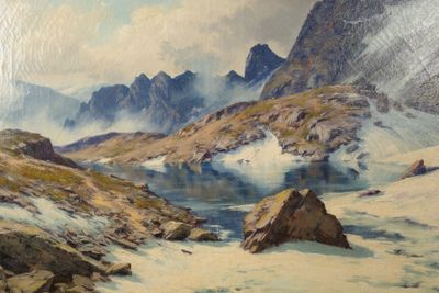 a painting of a mountain scene with a lake