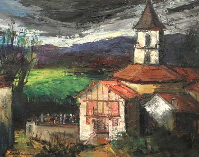 une peinture à l'huile représentant une église avec un clocher au sommet d'une colline