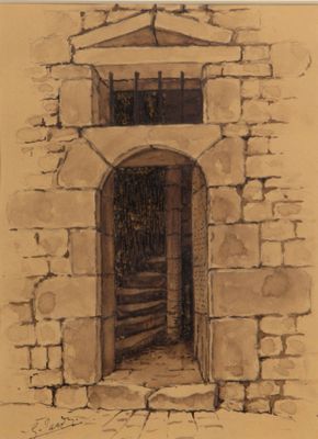 dessin représentant un vieux bâtiment en pierre avec une porte et une fenêtre