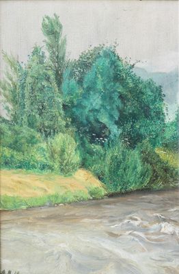 une peinture à l'huile représentant une rivière, avec des arbres et de l'herbe au premier plan