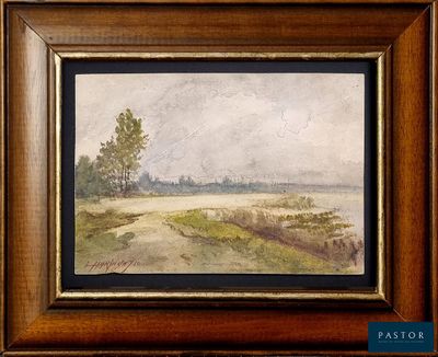 an oil painting of a landscape with a river in the distance
