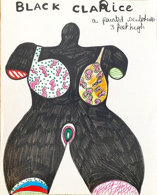 a drawing of a woman in a black outfit