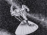 dessin en noir et blanc représentant un homme sur une planche de surf au milieu de l'espace