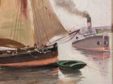 a painting of a boat and a boat in the water