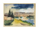 watercolor painting of a landscape with a river and a house