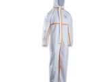 a white coverall with orange trims and a hood
