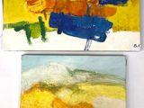 two paintings of different colors are displayed on a white surface