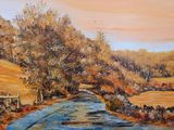 an oil painting of a country road with trees and a fence