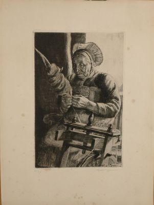 dessin représentant un vieil homme assis à une table, une pipe à la bouche
