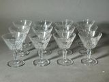 six wine glasses are lined up in a row on a table