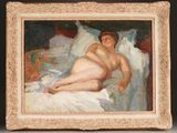 a painting of a naked woman laying on a bed