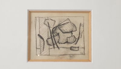 drawing of a black and white drawing of a man sitting in a chair