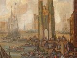 painting of a view of a harbor with boats and people on the shore