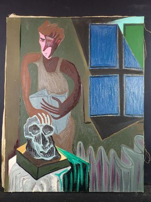 a painting of a woman holding a skull in front of a window