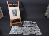 a picture of a woman sitting on a chair next to a chair with pictures on it