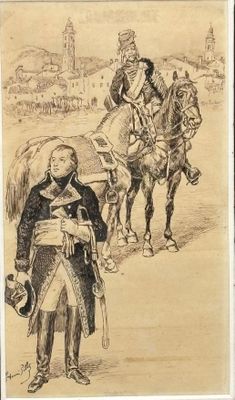 drawing of a man standing next to a horse and another man on a horse