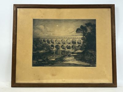 une vieille photo représentant un tableau d'un pont enjambant une rivière
