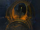 painting of a clock with a yellow light in the middle of it