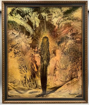 un tableau représentant une personne debout devant un arbre