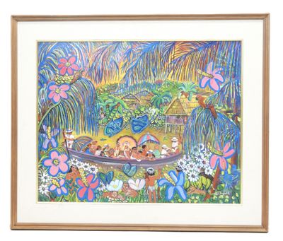 painting of children in a boat surrounded by flowers and trees