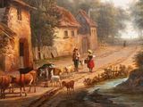 a painting of people walking down the street with animals
