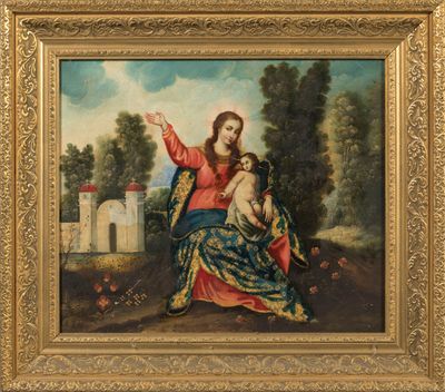 un tableau représentant une femme tenant un enfant dans ses bras, au milieu d'un paysage