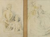 deux dessins représentant une femme et un enfant assis sur un canapé