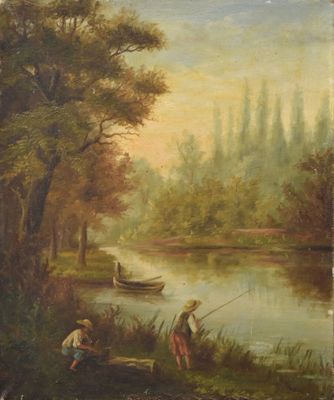 painting of two men fishing on a river with trees in the background