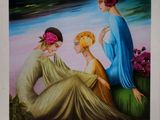 painting of three women sitting on the ground with flowers in their hair
