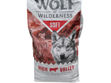 the bag of wolf wilderness soft dog food is shown on a white background