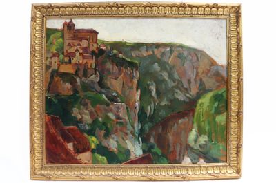 une image représentant un tableau d'un château au sommet d'une montagne