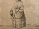 an old picture of a woman holding a bouquet of flowers