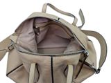beige leather handbag with zippers and handles on a white background