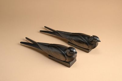 two black birds that are sitting on a table