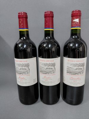 trois bouteilles de vin rouge sont alignées sur une surface grise