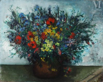 a painting of a vase of flowers on a table