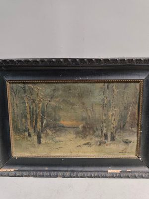 une peinture à l'huile représentant une scène boisée avec des arbres au premier plan