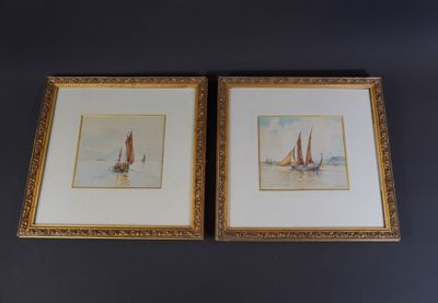 two framed watercolor paintings of sailboats on the water