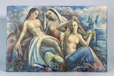 a painting of three women sitting on a rock