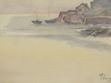a watercolor painting of a boat in the water