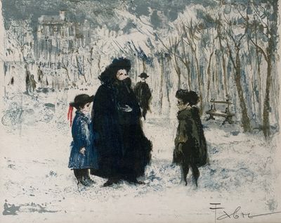 a painting of a woman and two children in the snow