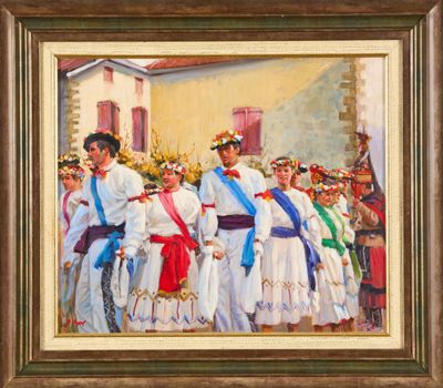 une image représentant un tableau où l'on voit un groupe de personnes vêtues de costumes traditionnels