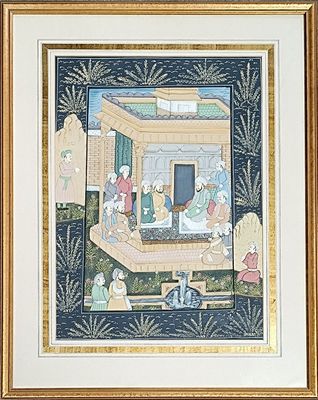 painting of a group of people in a room with a fountain